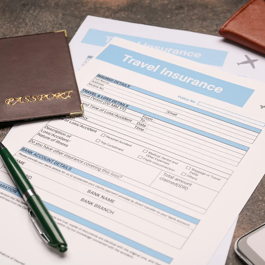 Travel insurance documents and passport