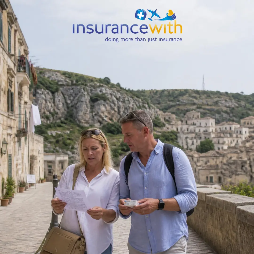 A couple looking concerned while holding a medical document and medication in a historic town.