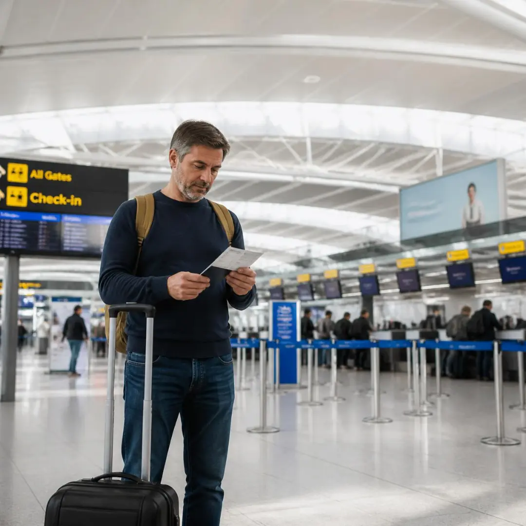 A man standing in an airport departure terminal looking closely at his travel documents.