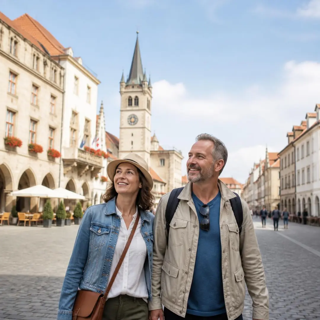 Smiling middle-aged couple walking together through a historic European city square with traditional architecture and a clock tower.