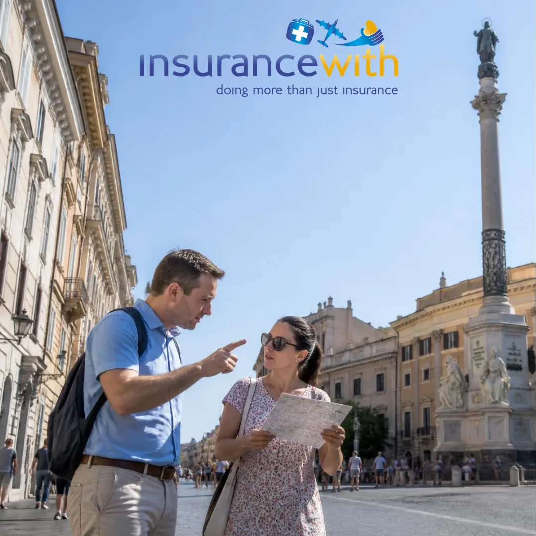 A man pointing while talking to a woman holding a paper map on a sunny European city street.