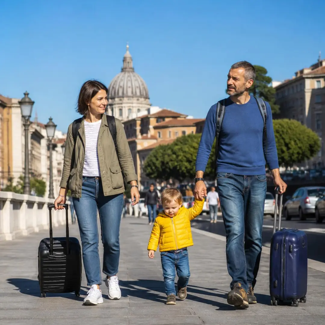 Middle-aged couple walking in a city in Europe with their toddler and luggage.