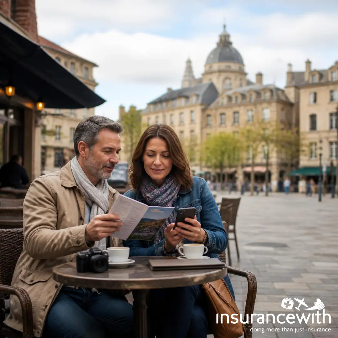 A middle-aged couple sitting at an outdoor café in a European city square, looking at a travel map and a smartphone over coffee.