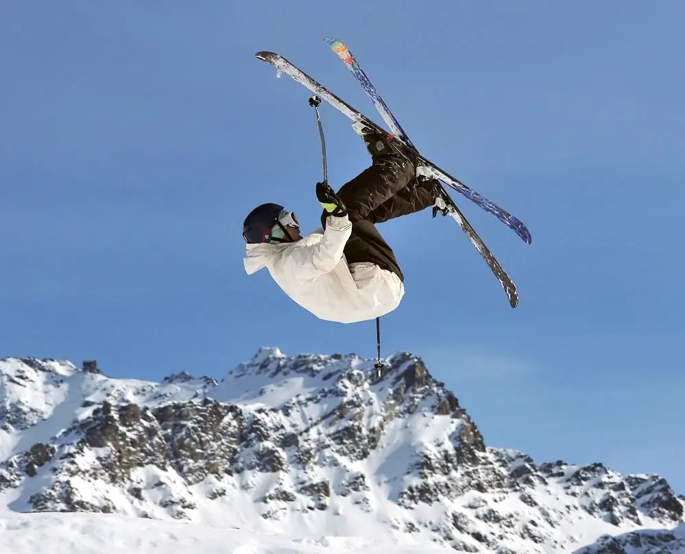 A free-ride jumper performs a high jump at the Verbier resort, Verbier, Switzerland