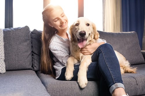 Teenager with a golden retriever on her lap