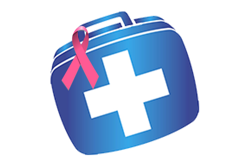 Blue Suitcase with white cross and pink ribbon