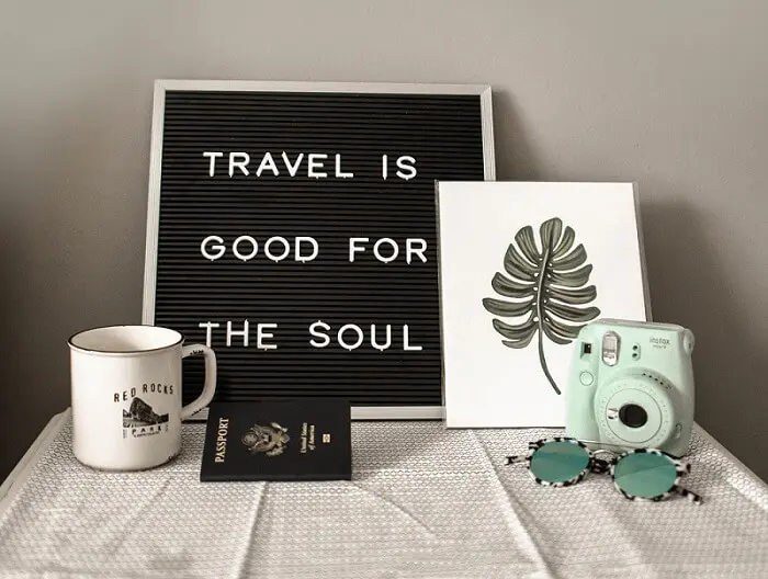 Table display with travel essentials